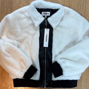 Vigoss White Faux Fur Jacket with Black Trim